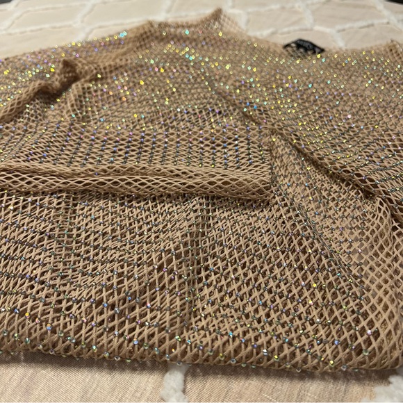 NWOT Nude Mesh/Netted Bodycon Long-sleeve Mini Dress w/ Rhinestones | Size Small - Picture 4 of 6